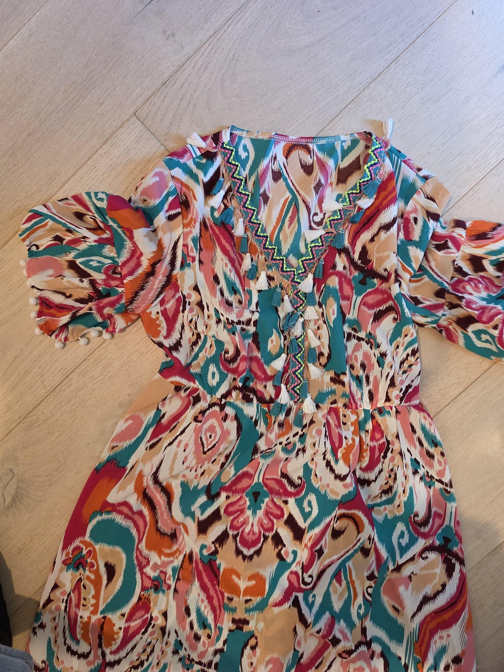 Amazon Multicolor Printed Midi Dress with Tassel V-Neck
